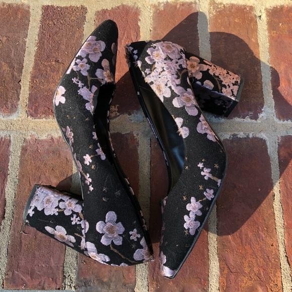 Rampage "Bethie" Floral Print Pointy Toe Pumps Block Heel Purple Black 10 - Picture 5 of 11